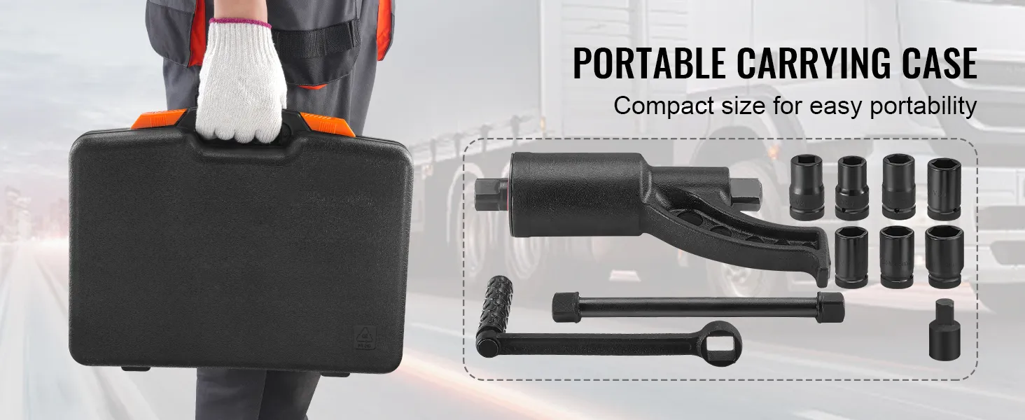 worker holding a black portable carrying case for the VEVOR torque multiplier with included sockets.