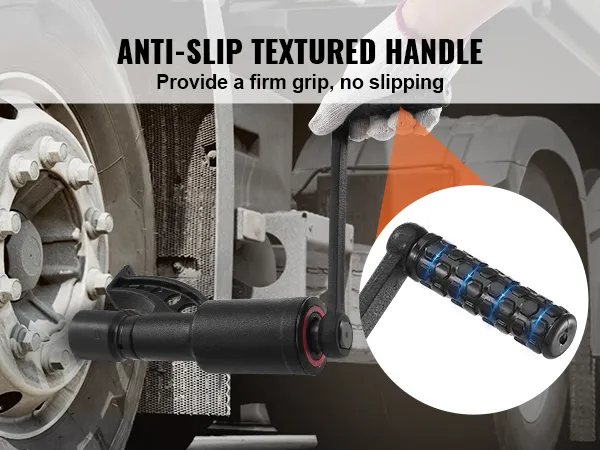 gloved hand using VEVOR torque multiplier with anti-slip textured handle on a vehicle wheel.