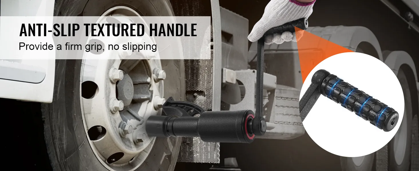 gloved hand using VEVOR torque multiplier with anti-slip textured handle on a vehicle wheel.