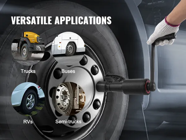 VEVOR torque multiplier in use on a truck wheel, with various socket sizes and versatile applications shown.
