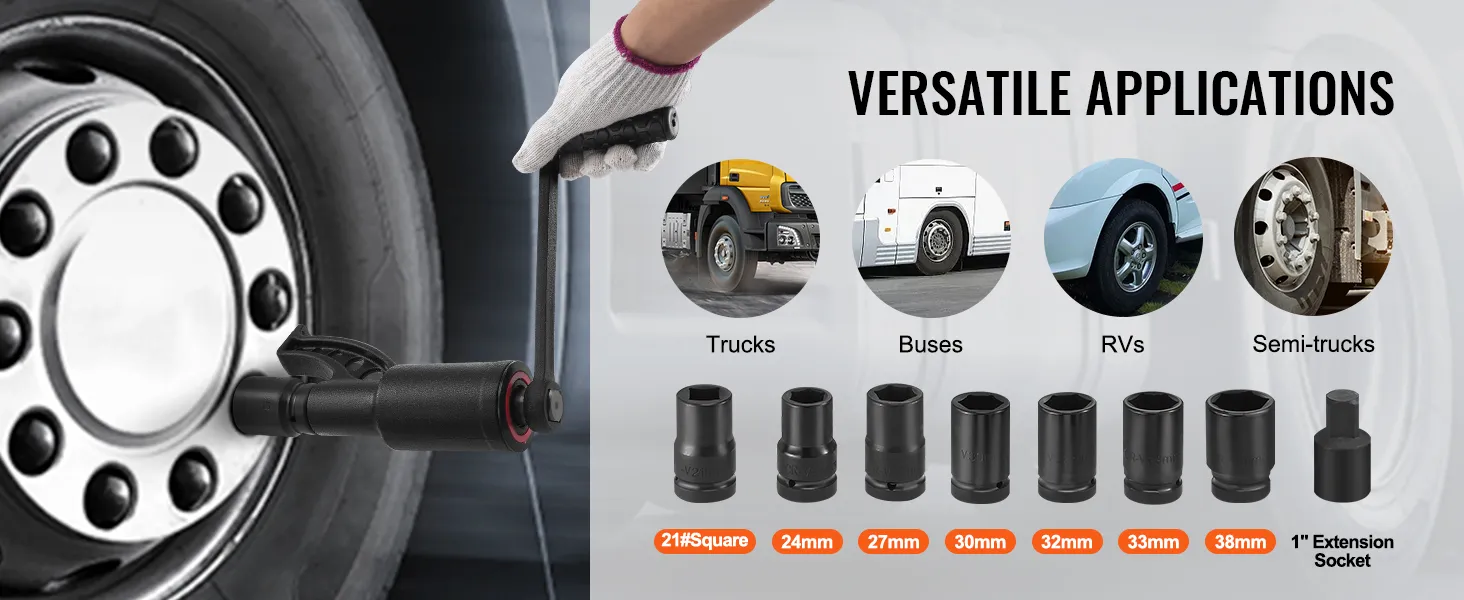 VEVOR torque multiplier in use on a truck wheel, with various socket sizes and versatile applications shown.