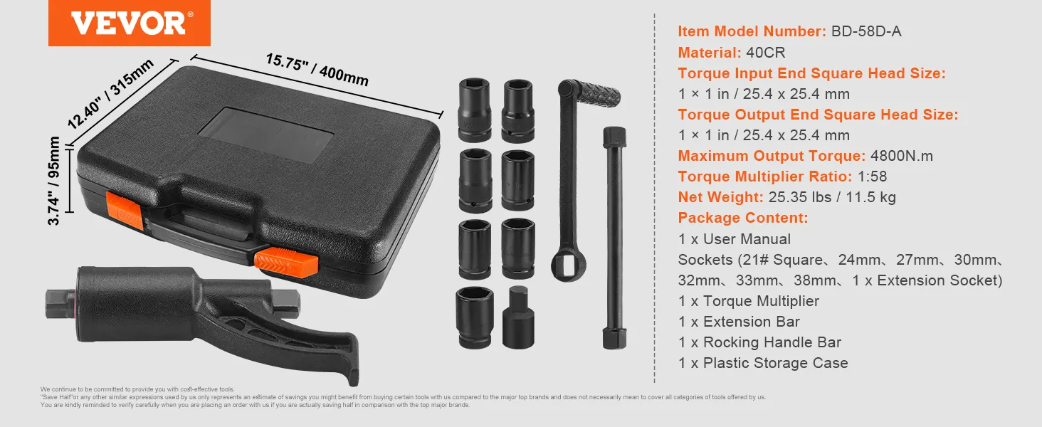VEVOR torque multiplier wrench with case, sockets, handle bar, and extension bar, model bd-58d-a.