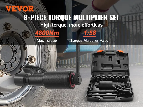 VEVOR torque multiplier wrench set next to a truck wheel with high torque and max torque ratings displayed.