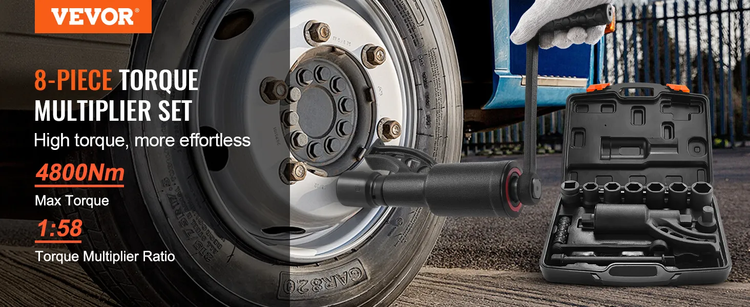 VEVOR torque multiplier wrench set next to a truck wheel with high torque and max torque ratings displayed.