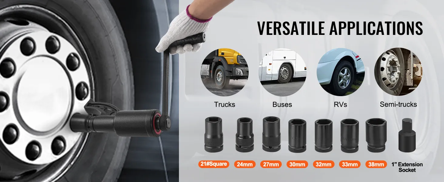 VEVOR torque multiplier wrench used on a truck wheel, suitable for trucks, buses, rvs, semi-trucks.