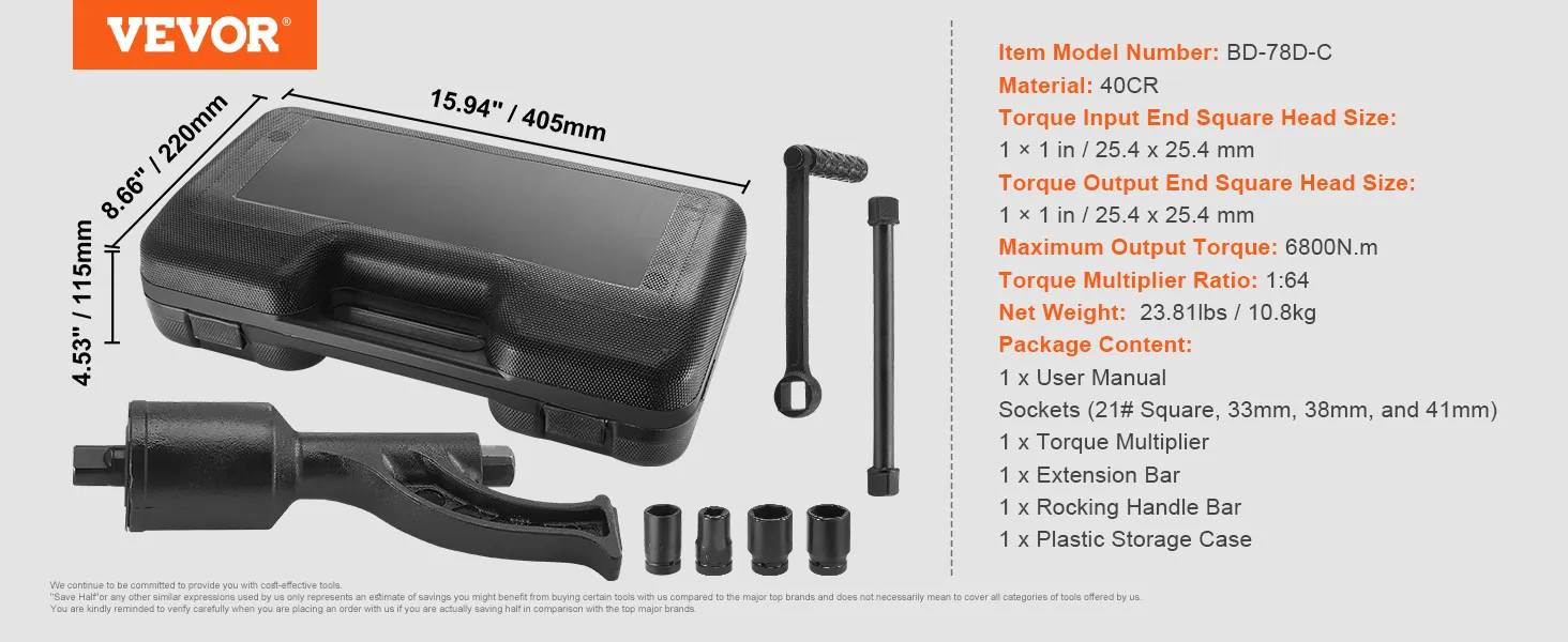 VEVOR torque multiplier bd-78d-c with a sturdy black storage case and detailed package contents.