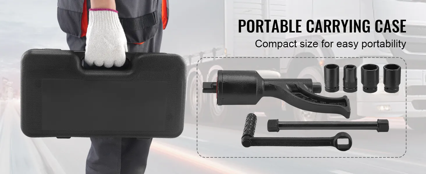 VEVOR torque multiplier with carrying case and components for easy portability next to trucks.