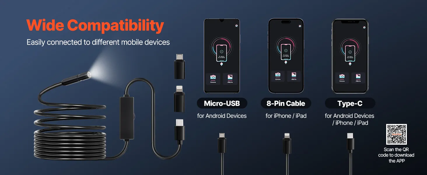 VEVOR Endoscope Camera with Light, 1920P HD Borescope for Android & IOS, 8 LED Lights Inspection Camera with 16.4FT Semi-Rigid Cable, 2X Zoom, IP67 Waterproof Snake Scope Camera for Auto, Plumbing