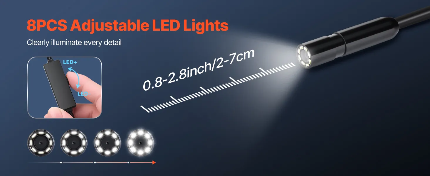 VEVOR Endoscope Camera with Light, 1920P HD Borescope for Android & IOS, 8 LED Lights Inspection Camera with 16.4FT Semi-Rigid Cable, 2X Zoom, IP67 Waterproof Snake Scope Camera for Auto, Plumbing