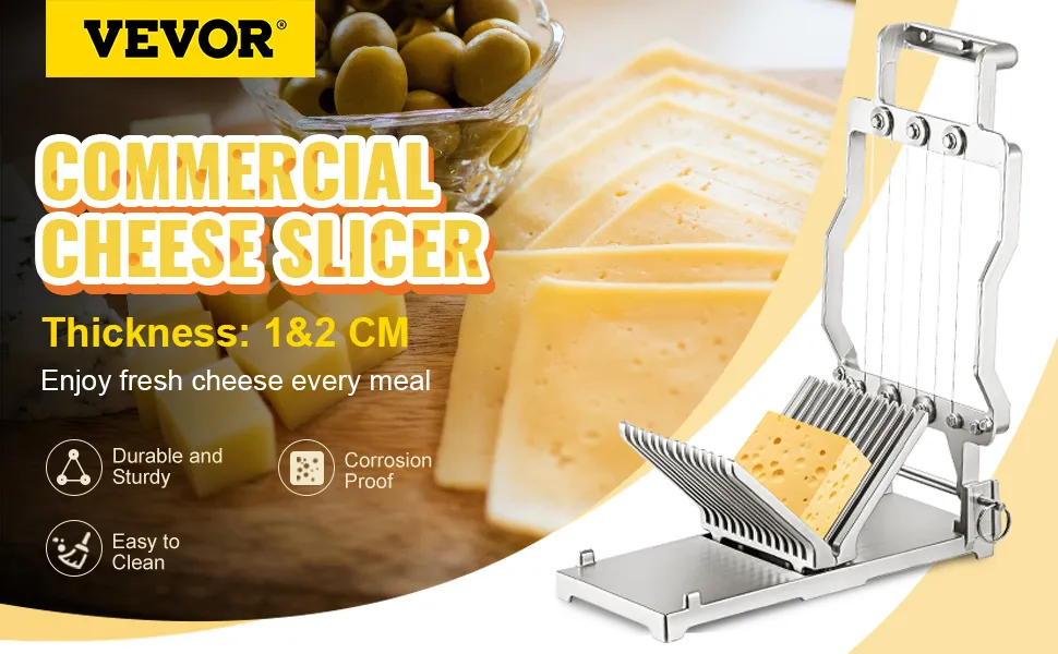 Cortador de queso VEVOR que corta bloques de queso con características de durabilidad y resistencia a la corrosión.