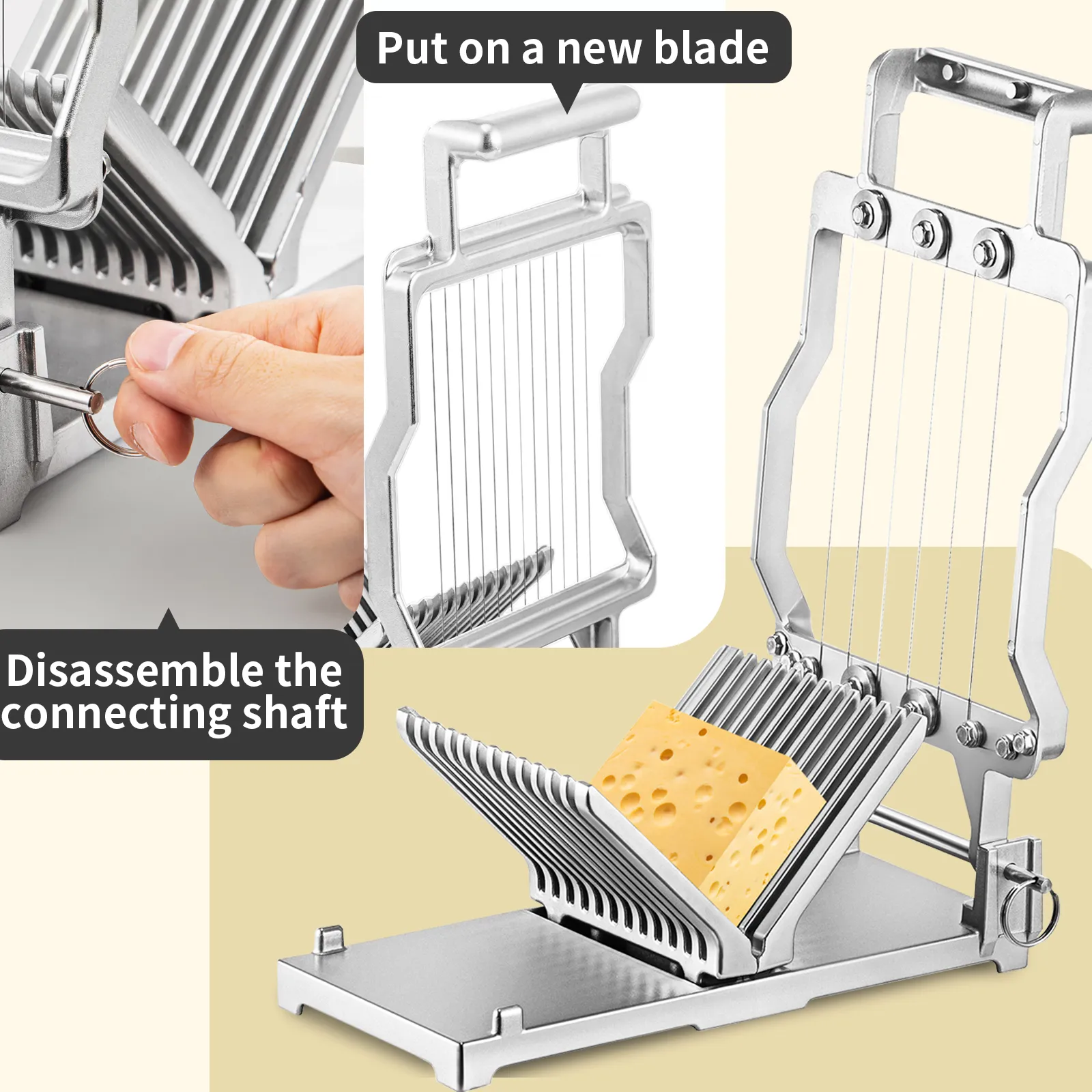 Desmontaje manual del eje y sustitución de la cuchilla en el cortador de queso VEVOR con bloque de queso.