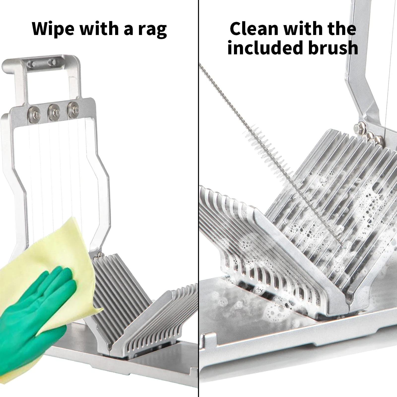 Limpieza del cortador de queso VEVOR con trapo y cepillo incluido.