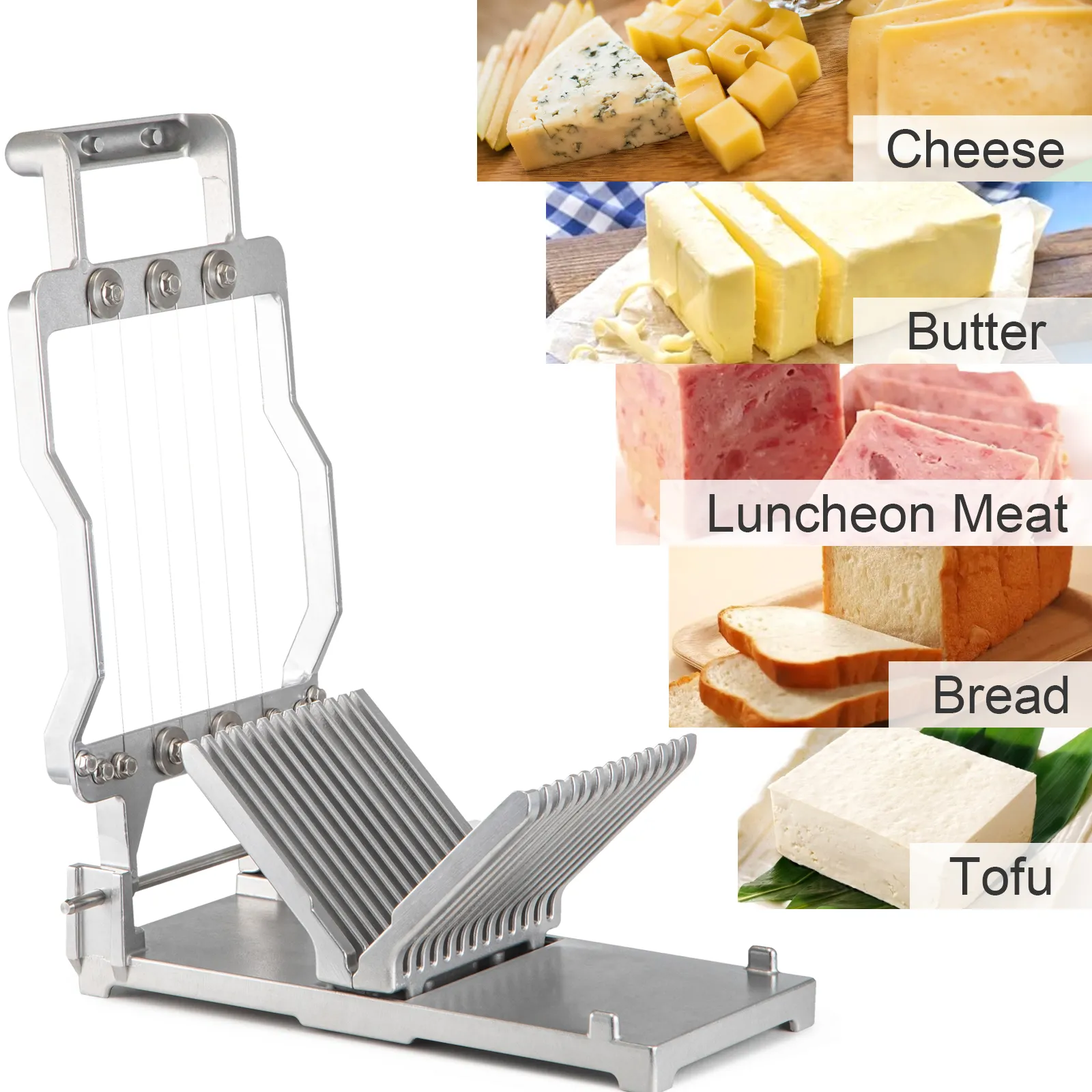 Cortador de queso VEVOR que corta queso, mantequilla, fiambres, pan y tofu.