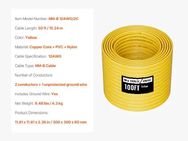 NM-B Wire 12AWG/2C Copper Core Cable 100 ft Electrical Wire with Ground