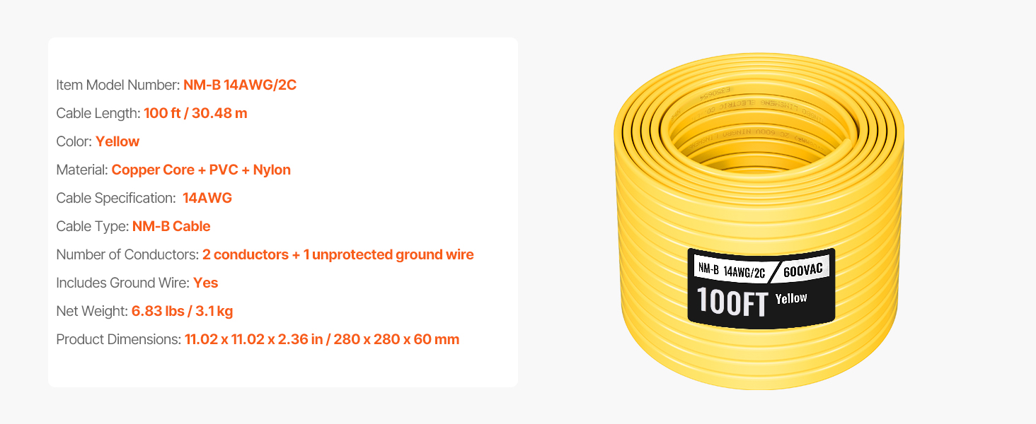 NM-B Wire 14AWG/2C Copper Core Cable 100 ft Electrical Wire