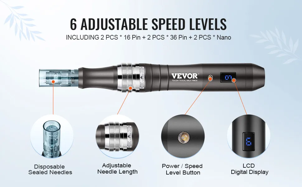 VEVOR Professional Microneedling Pen Electric Beauty Pen with 6 Needles 6-Speed
