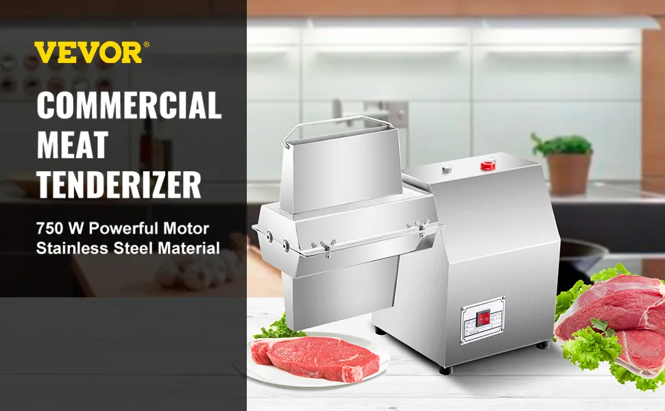 Ablandador de carne VEVOR con motor de 750w y cuerpo de acero inoxidable en configuración de cocina.