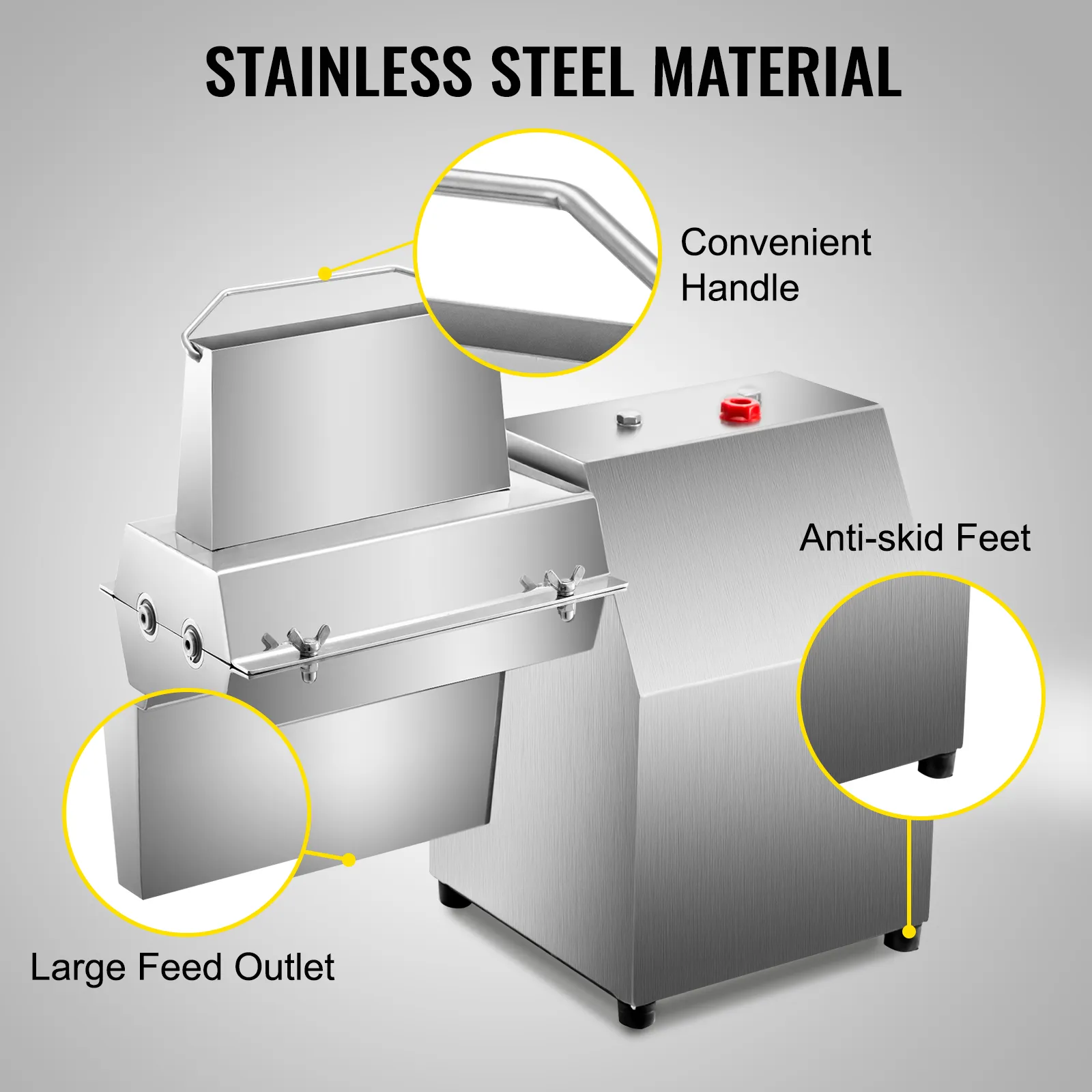 Ablandador de carne VEVOR con acero inoxidable, gran salida de alimentación, mango cómodo, patas antideslizantes.