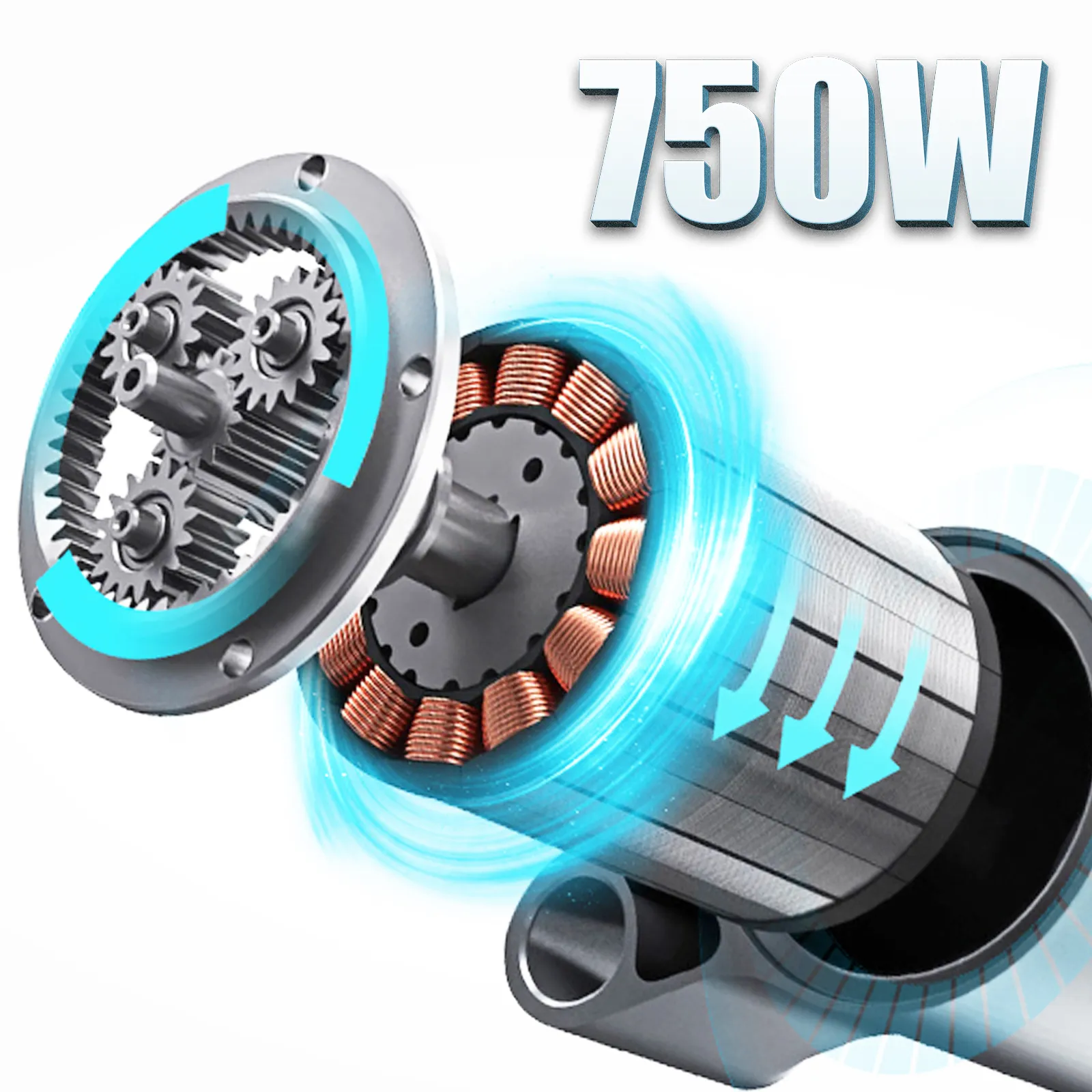 Ablandador de carne VEVOR con motor de 750w, que muestra componentes internos detallados.