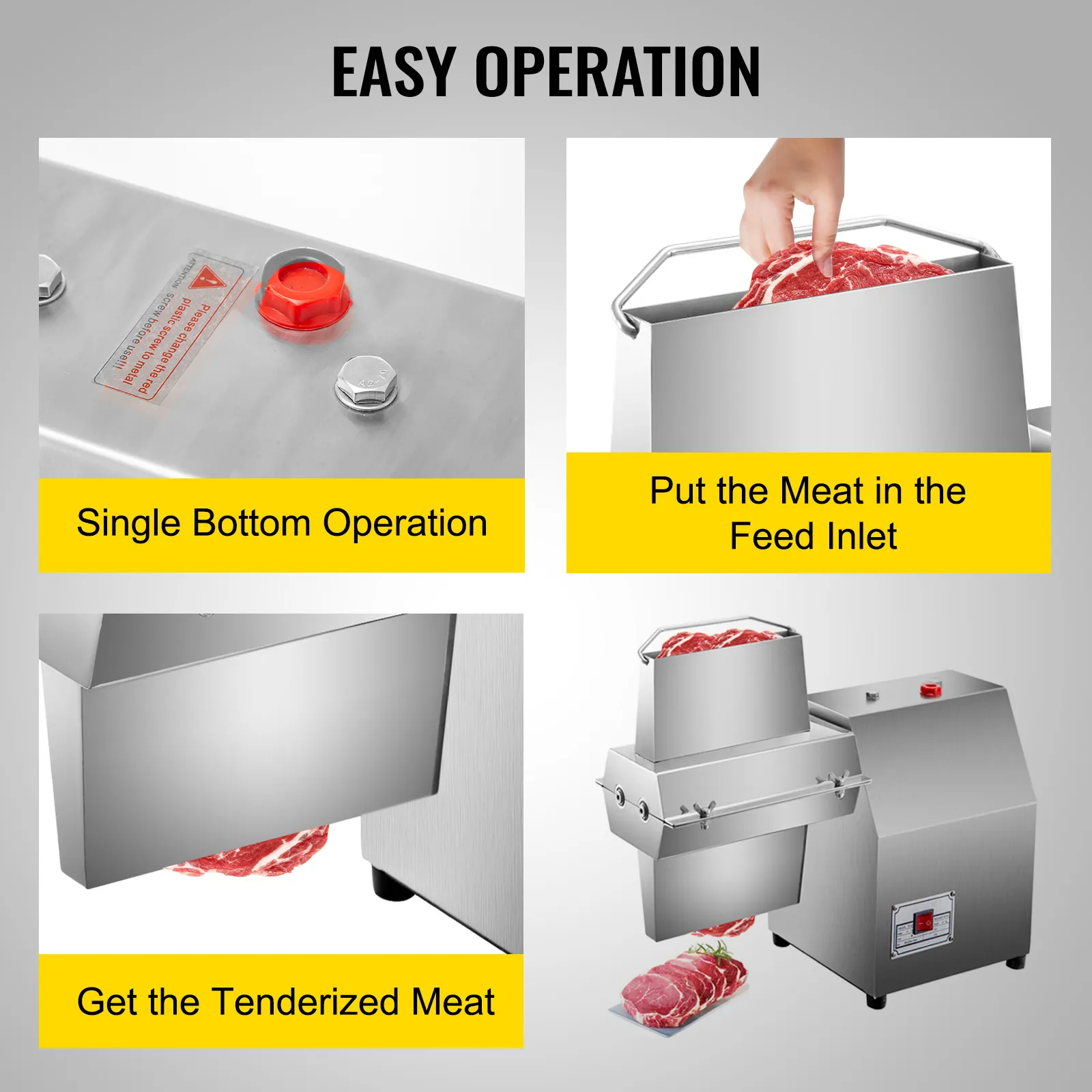 El ablandador de carne VEVOR muestra un funcionamiento sencillo con entrada y salida de alimentación para carne ablandada.