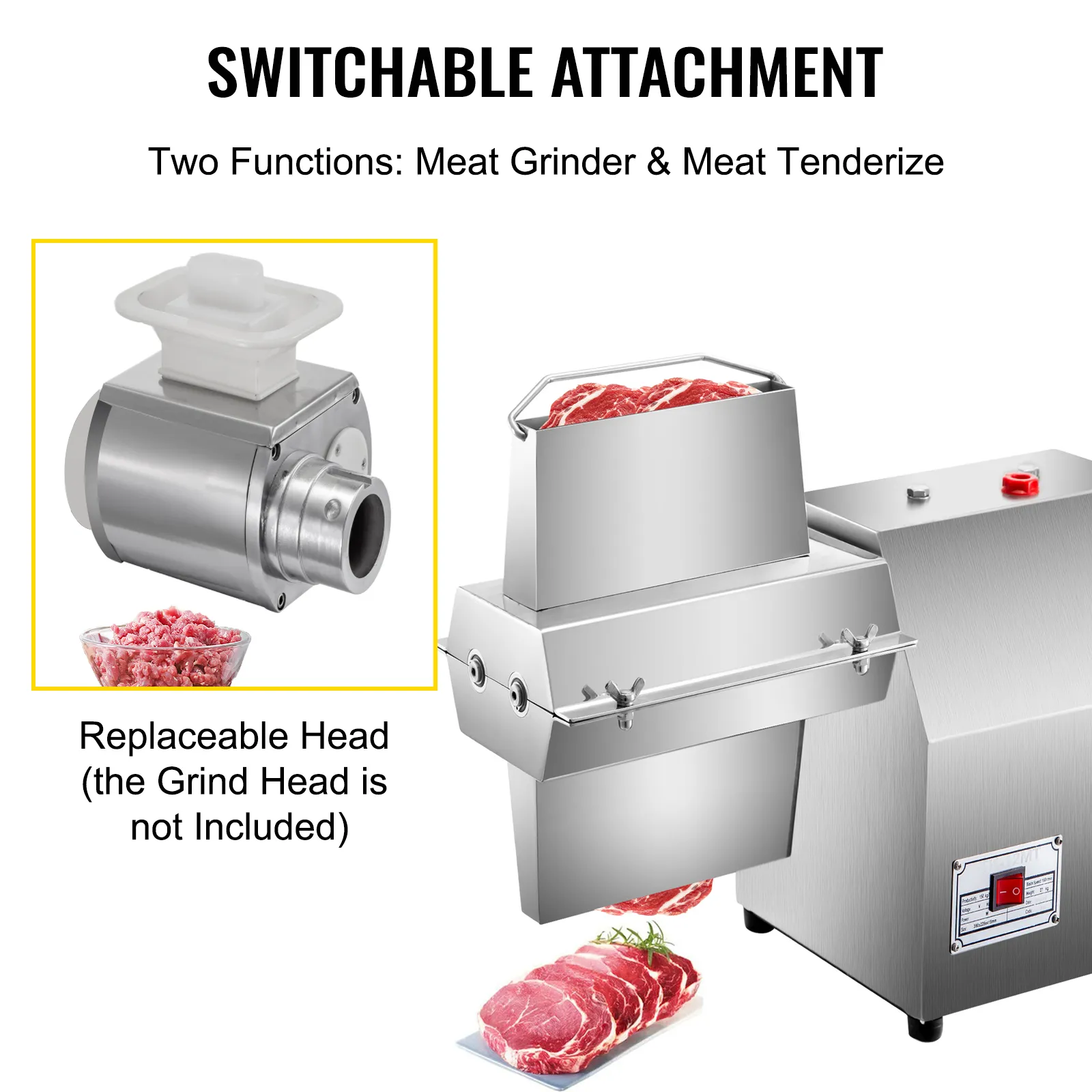 Ablandador de carne VEVOR con accesorio de picadora conmutable para un uso versátil en la cocina.