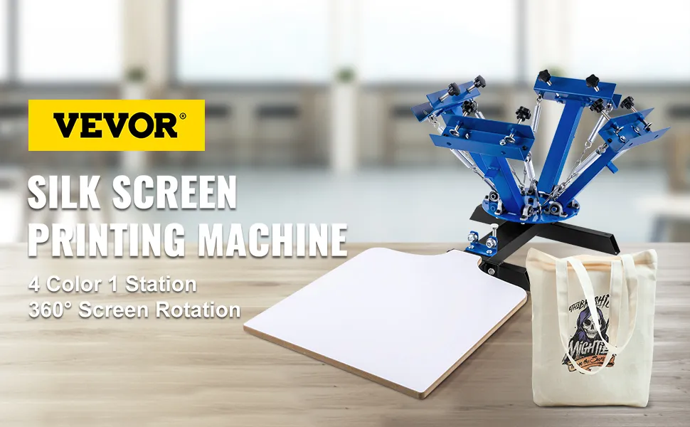 VEVOR screen printing machine with blue arms, tote bag, and text highlighting features.