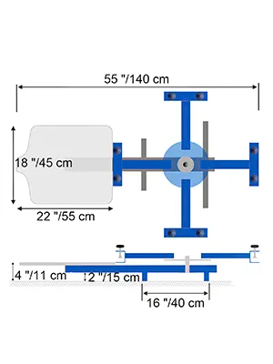 VEVOR screen printing machine dimensions: 55cm wide, 140cm long, 22cm platen.