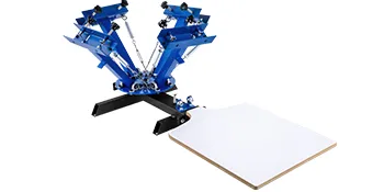 VEVOR screen printing machine with four adjustable blue arms and a flat printing tray.