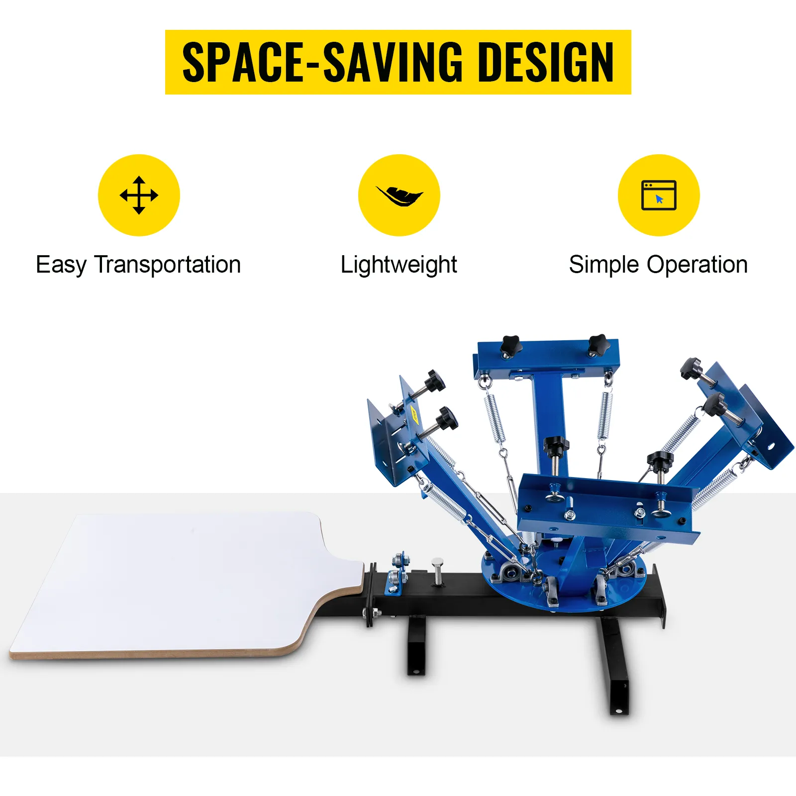 VEVOR screen printing machine: space-saving design, easy transportation, and lightweight.