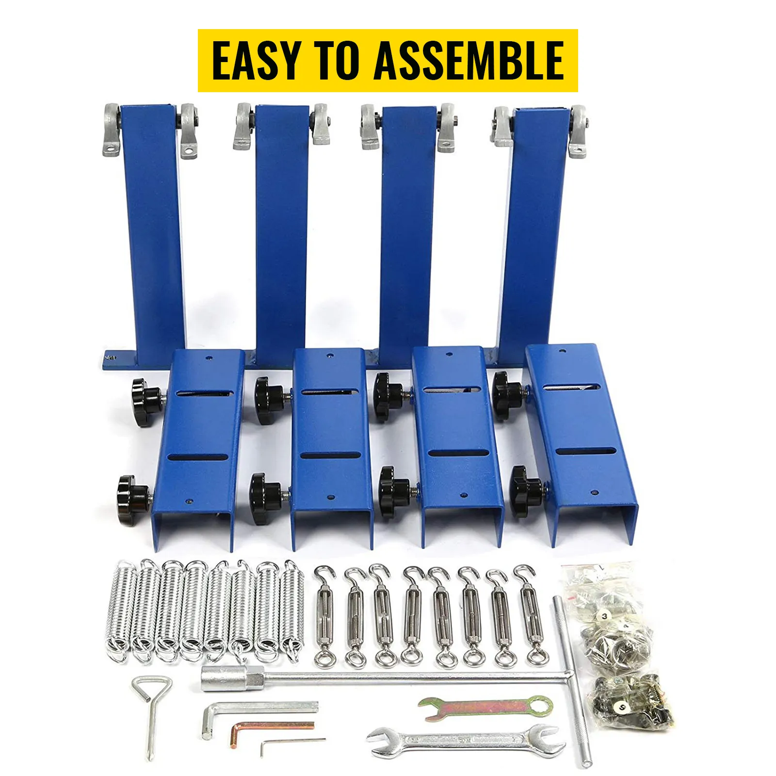 easy to assemble VEVOR screen printing machine parts and tools laid out neatly.