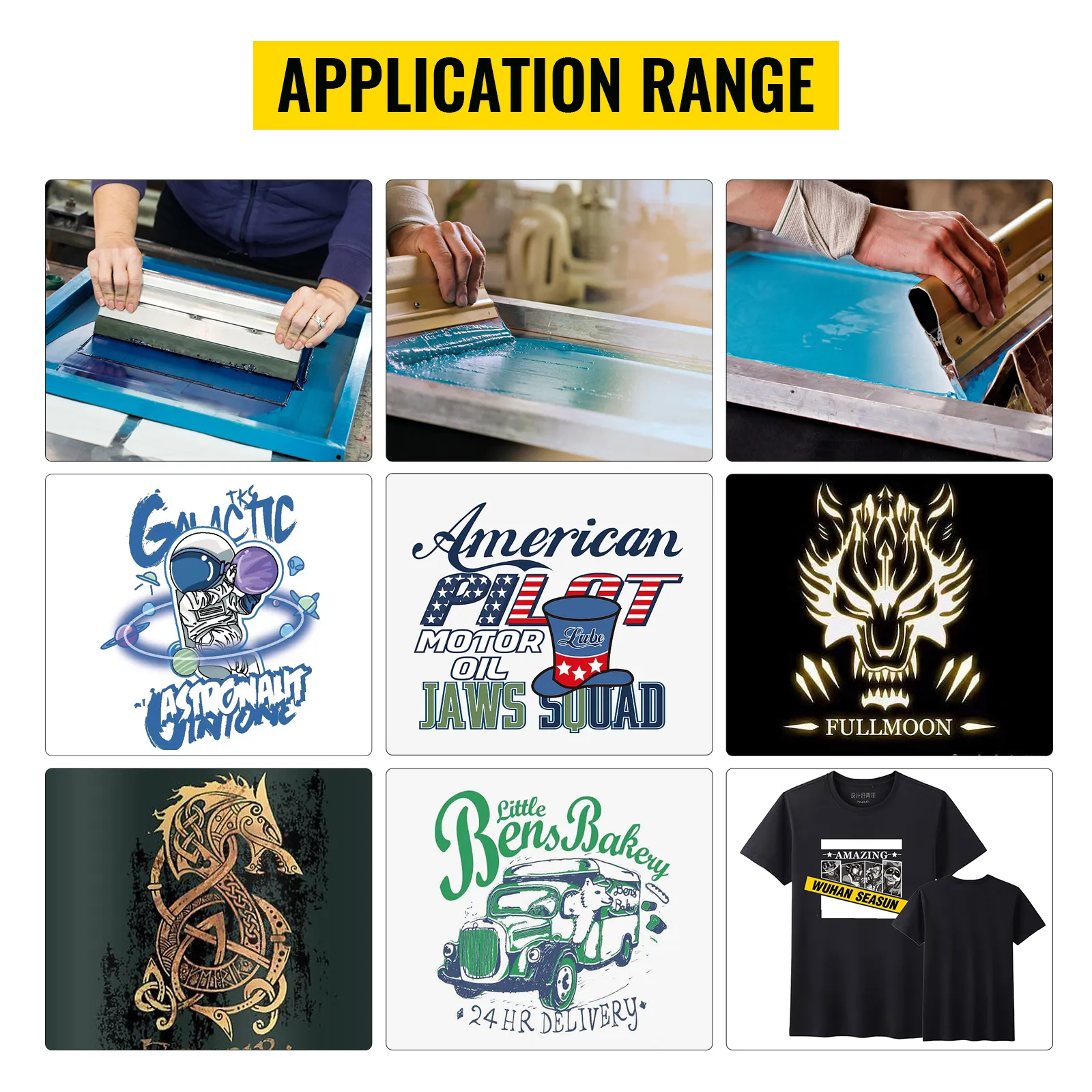 VEVOR screen printing machine applications: hands using screens, various printed designs.