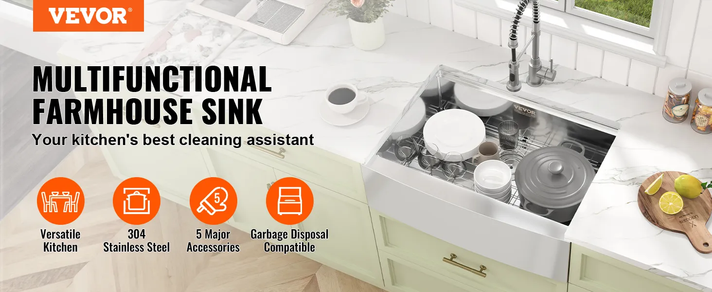 VEVOR farmhouse sink with dishes, modern faucet, and kitchen tools on marble countertop.