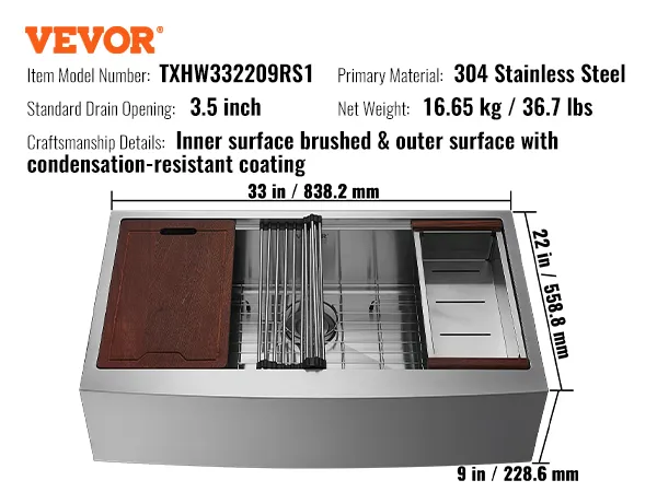 VEVOR farmhouse sink with 304 stainless steel, 33x22x9 inches, and a 3.5-inch drain opening.