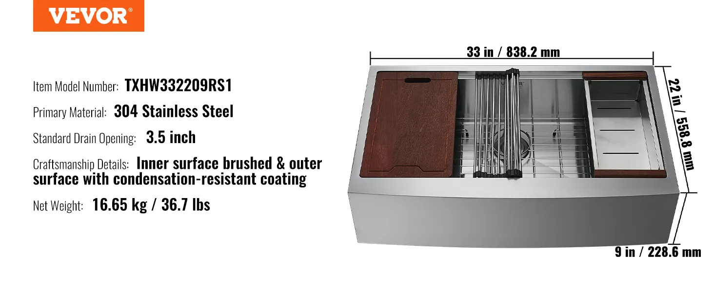 VEVOR farmhouse sink with 304 stainless steel, 33x22x9 inches, and a 3.5-inch drain opening.