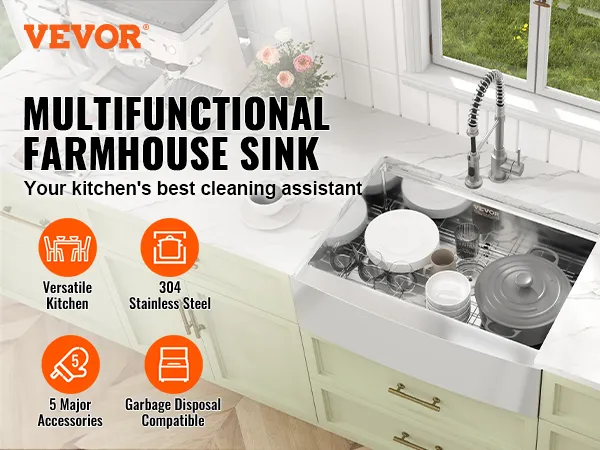 VEVOR farmhouse sink in a modern kitchen with a faucet, dishes, cutting board, and decorative items.