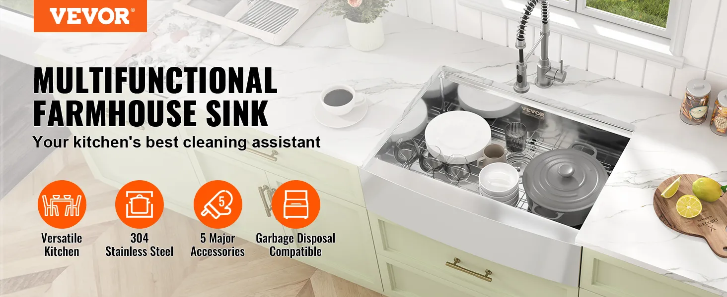 VEVOR farmhouse sink in a modern kitchen with a faucet, dishes, cutting board, and decorative items.