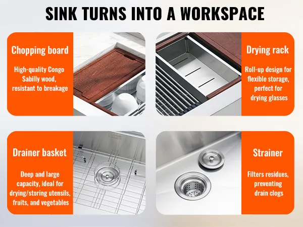 VEVOR farmhouse sink with chopping board, drying rack, drainer basket, and strainer for kitchen workspace.