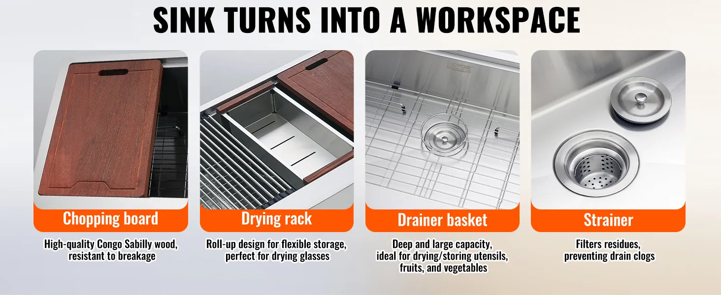 VEVOR farmhouse sink with chopping board, drying rack, drainer basket, and strainer for kitchen workspace.