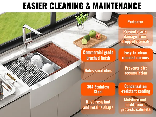 VEVOR farmhouse sink in a modern kitchen, showcasing a stainless steel finish with easy-to-clean features.