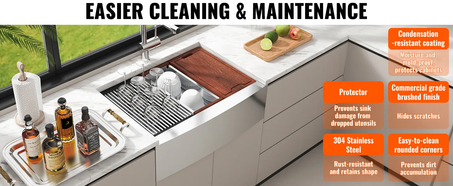 VEVOR farmhouse sink in a modern kitchen, showcasing a stainless steel finish with easy-to-clean features.