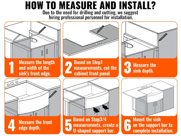 how to measure and install VEVOR farmhouse sink in 6 steps including measuring, cutting, and mounting.