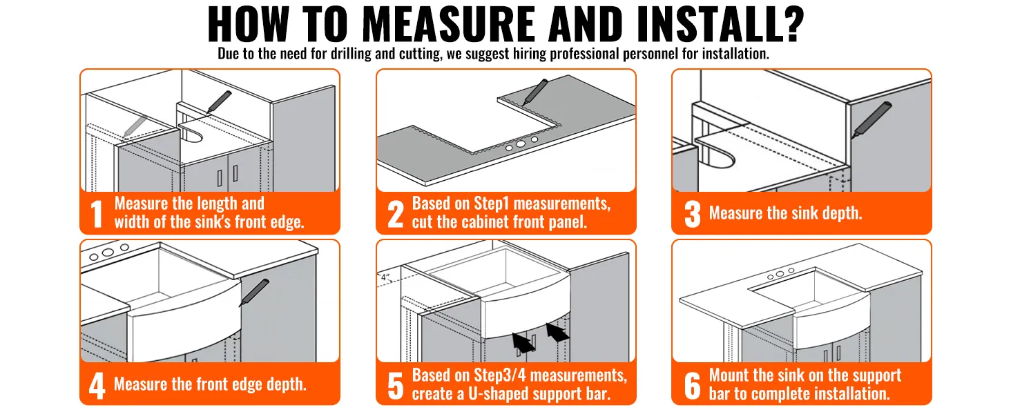 how to measure and install VEVOR farmhouse sink in 6 steps including measuring, cutting, and mounting.