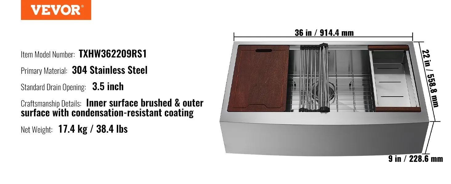 36-Zoll-Bauernspüle aus 304 Edelstahl von VEVOR, inklusive Schneidebrett und Trockengestell.