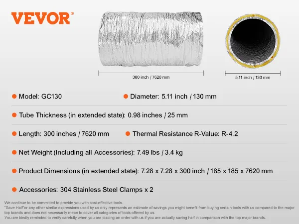 VEVOR dryer vent hose, model gc130, 300 inches long, 5.11-inch diameter, with two 304 stainless steel clamps.