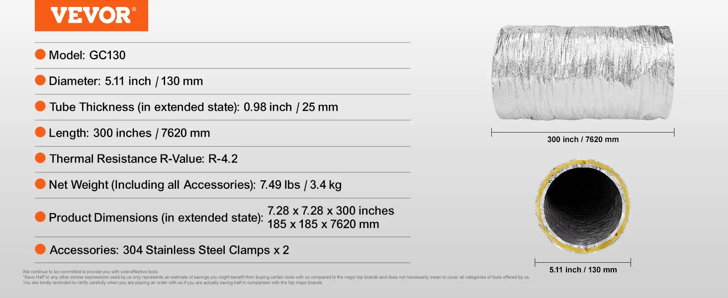 VEVOR dryer vent hose, model gc130, 300 inches long, 5.11-inch diameter, with two 304 stainless steel clamps.
