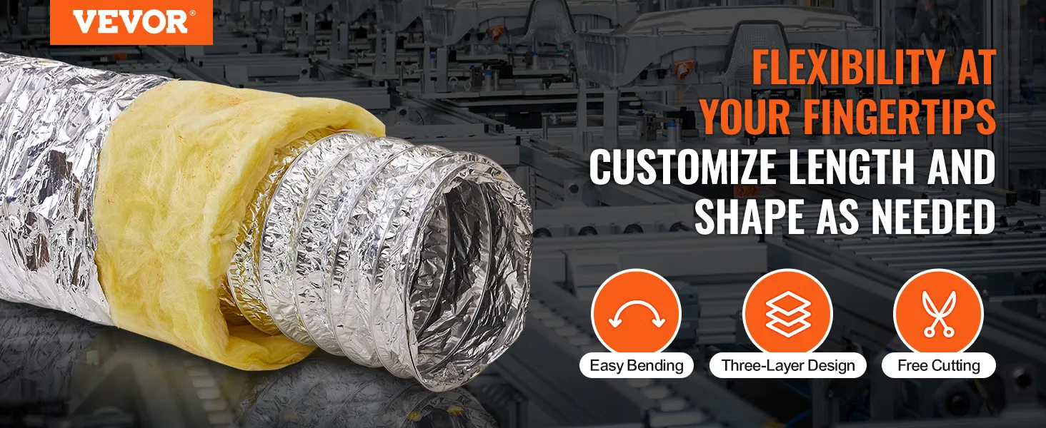 VEVOR dryer vent hose with flexible, customizable length, three-layer design, easy bending, free cutting.