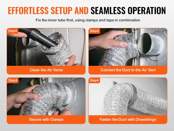 steps to install a VEVOR dryer vent hose using clamps and drawstrings for an effortless setup.