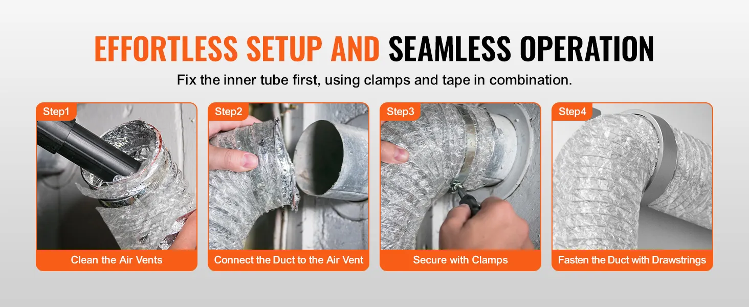steps to install a VEVOR dryer vent hose using clamps and drawstrings for an effortless setup.