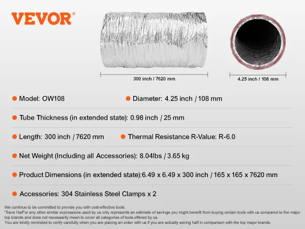 VEVOR dryer vent hose, model ow108, 4.25-inch diameter, 300-inch length, r-6.0 thermal resistance.