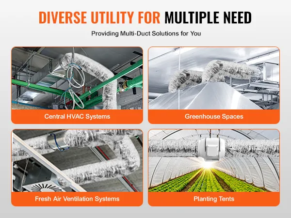 diverse uses of VEVOR dryer vent hose for hvac systems, greenhouses, ventilation, and planting tents.